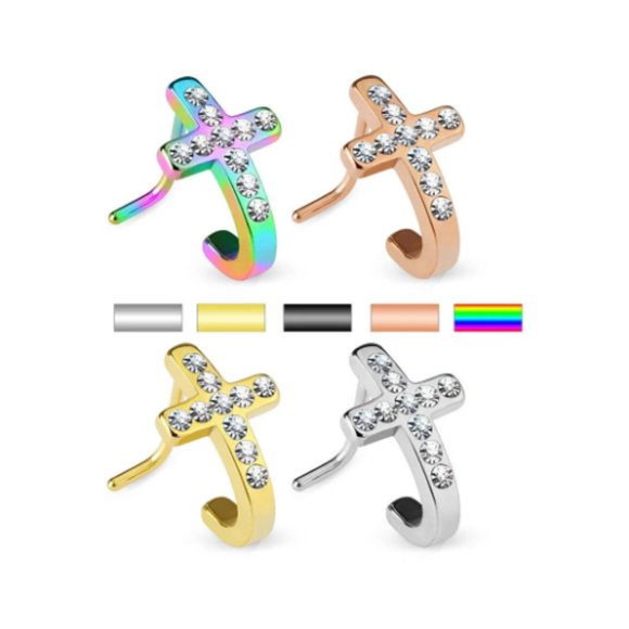 CZ Jesus Cross Nose Ring Nose Hugger Stud 316L Surgical Steel L Bend Piercing - Picture 1 of 6